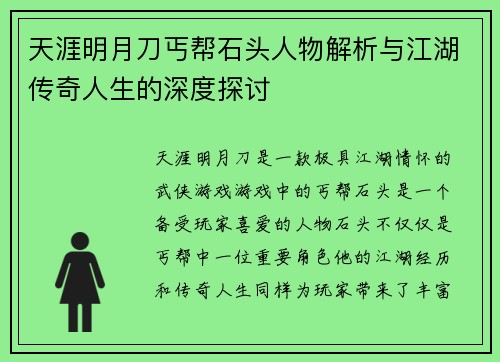 天涯明月刀丐帮石头人物解析与江湖传奇人生的深度探讨
