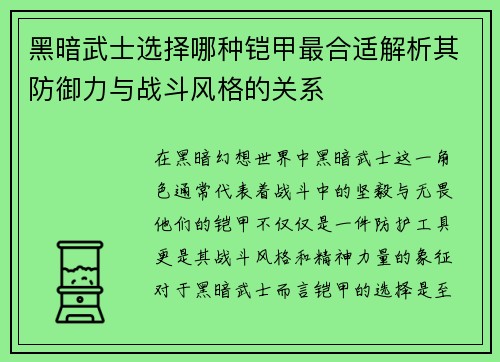 黑暗武士选择哪种铠甲最合适解析其防御力与战斗风格的关系